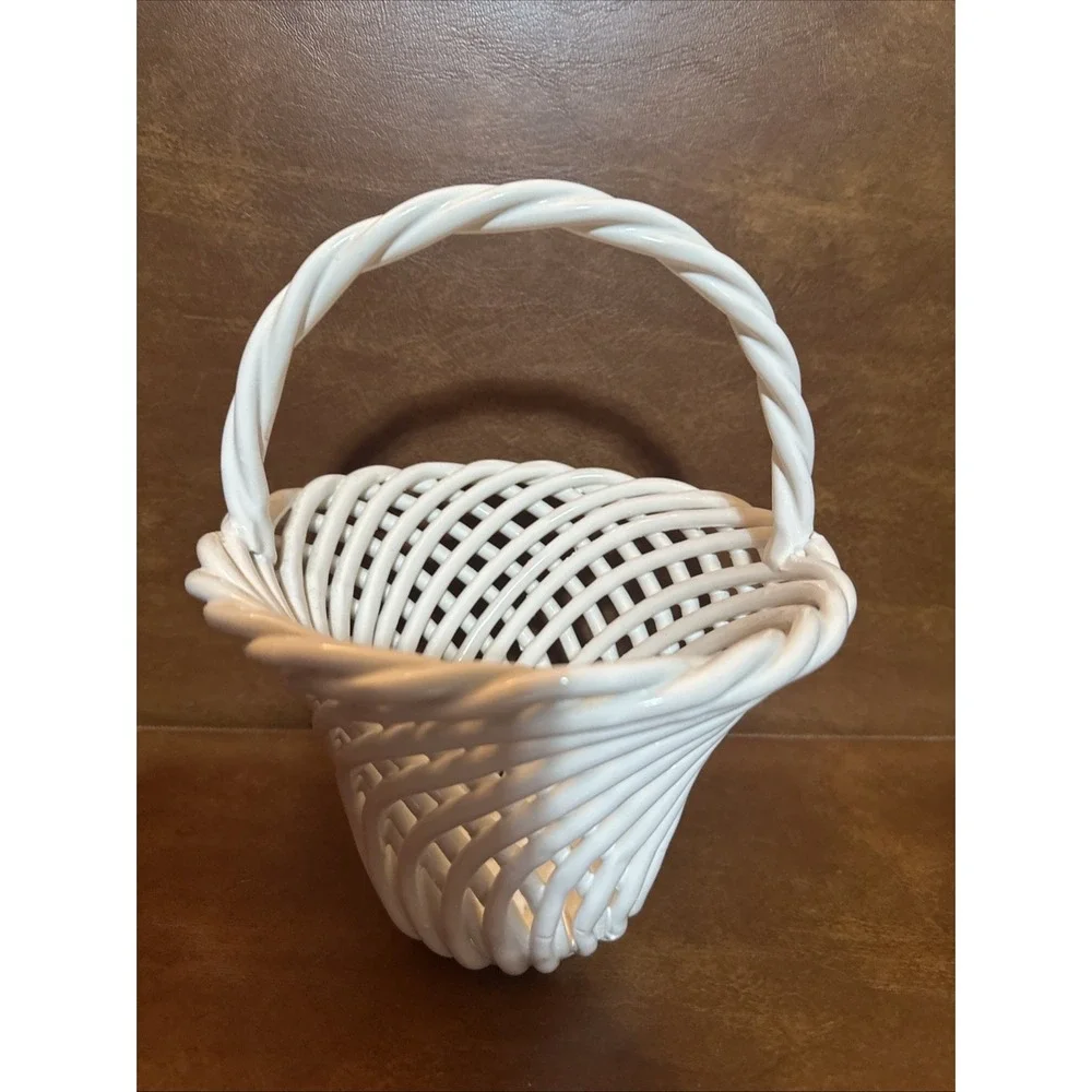 Vintage Ceramic Woven Basket With Handle
